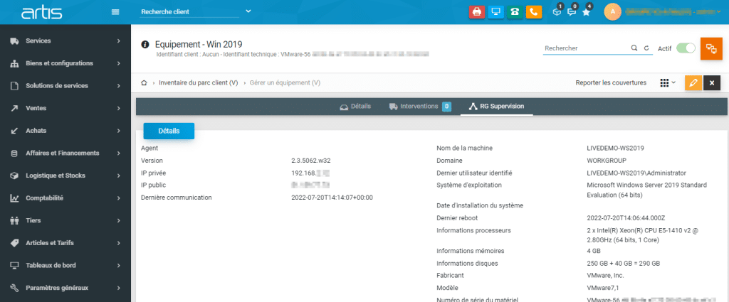 ERP artis.net gestion d'un équipement