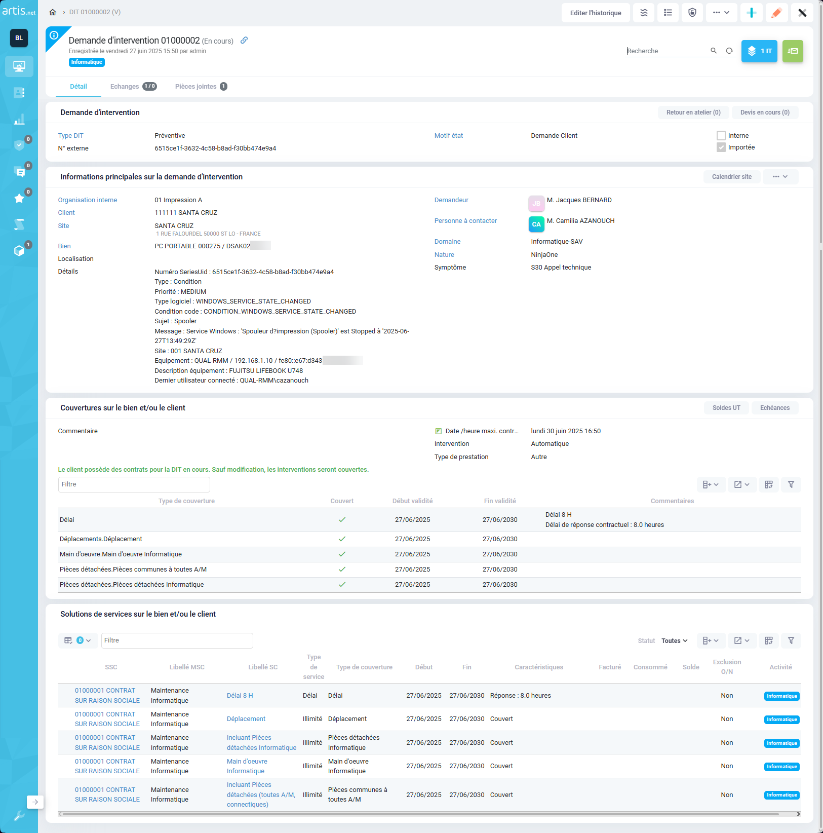 Capture d'écran ERP artis.net demande d'intervention technique preventive avec connecteur RMM NinjaOne