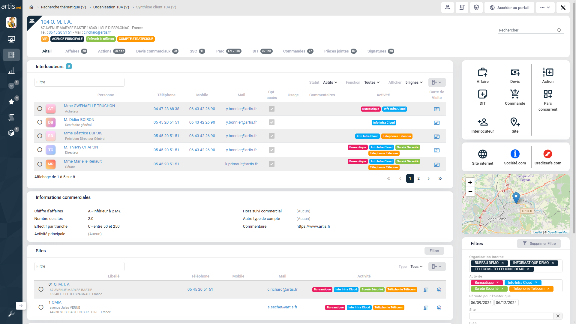 capture d'écran ERP-CRM artis.net fiche client