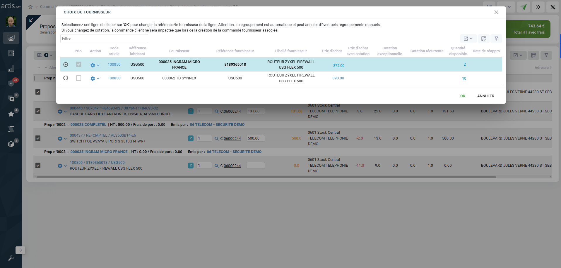 capture d'écran ERP choix du fournisseur dans l'ERP artis.net
